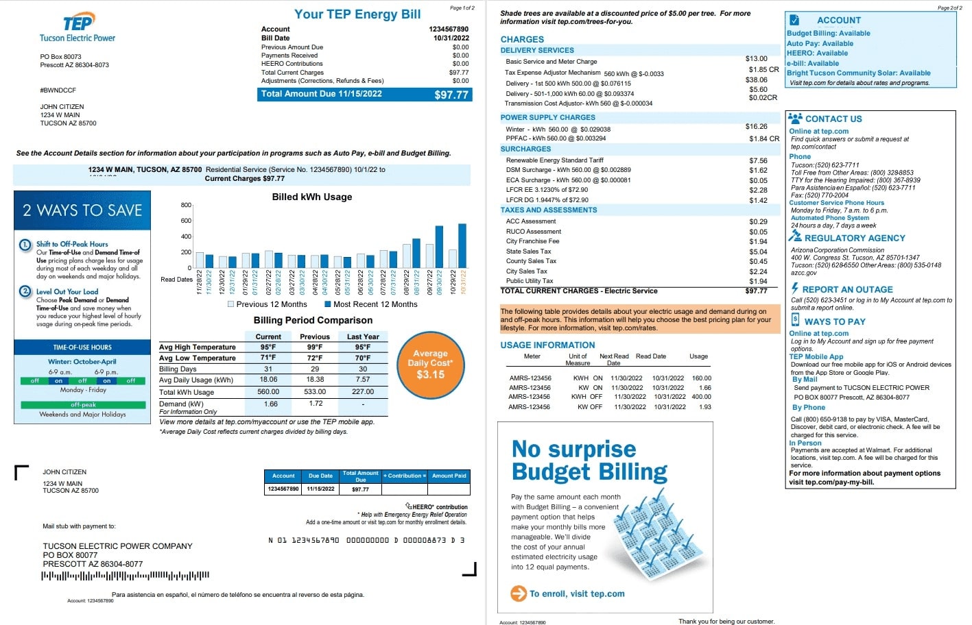 USA Arizona Tucson Electric Power (TEP) utility bill, Word and PDF template, 2 pages